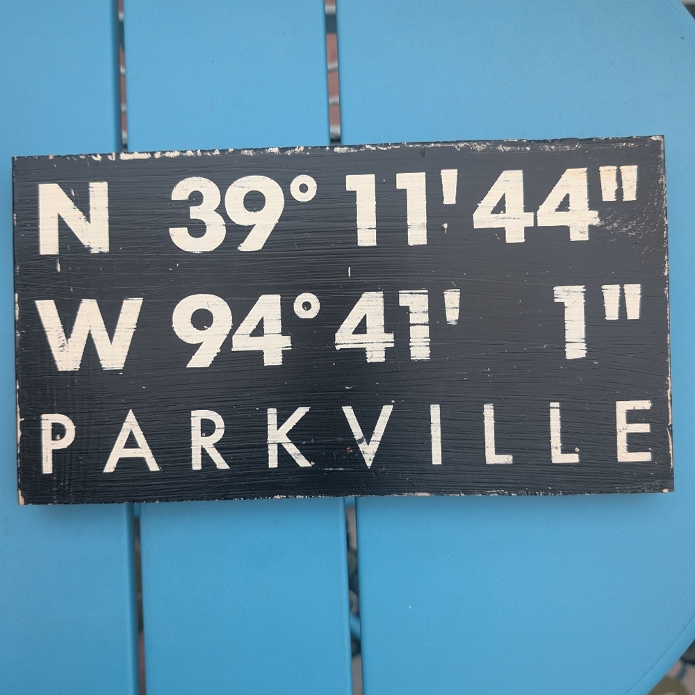 Locally Made GPS Coordinates Sign for Parkville, Missouri - Rustic Black & White